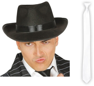 Carnaval verkleed set compleet - gangster/maffia hoedje met witte stropdas - volwassenen