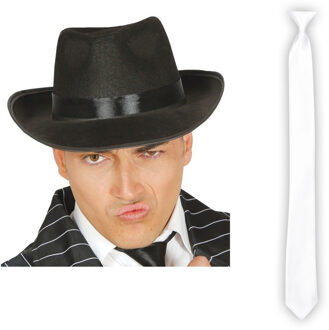 Carnaval verkleed set compleet - gangster/maffia hoedje met witte stropdas - volwassenen