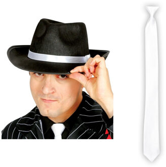 Carnaval verkleed set compleet - gangster/maffia hoedje met witte stropdas - volwassenen