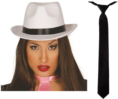 Carnaval verkleed set compleet - gangster/maffia hoedje met zwarte stropdas - volwassenen