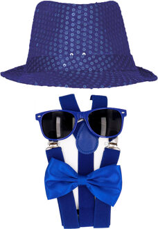 Carnaval verkleed set compleet - hoedje/bretels/bril/strikje - blauw - heren/dames - glimmend