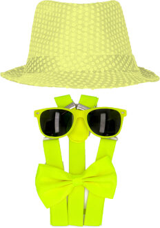 Carnaval verkleed set compleet - hoedje/bretels/bril/strikje - fluor geel - heren/dames - glimmend