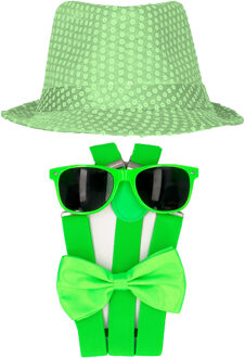 Carnaval verkleed set compleet - hoedje/bretels/bril/strikje - fluor groen - heren/dames - glimmend