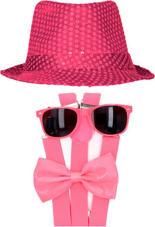 Carnaval verkleed set compleet - hoedje/bretels/bril/strikje - fuchsia roze - heren/dames - glimmend