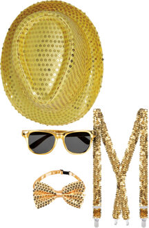 Carnaval verkleed set compleet - hoedje/bretels/bril/strikje - goud - heren/dames - glimmend