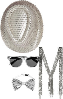Carnaval verkleed set compleet - hoedje/bretels/bril/strikje - zilver - heren/dames - glimmend