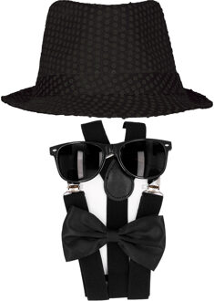 Carnaval verkleed set compleet - hoedje/bretels/bril/strikje - zwart - heren/dames - glimmend