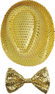 Carnaval verkleed set compleet - hoedje en vlinderstrikje - goud - heren/dames - glimmend
