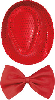 Carnaval verkleed set compleet - hoedje en vlinderstrikje - rood - heren/dames - glimmend
