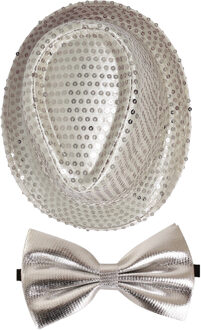 Carnaval verkleed set compleet - hoedje en vlinderstrikje - zilver - heren/dames - glimmend