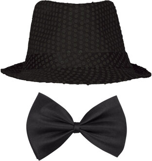 Carnaval verkleed set compleet - hoedje en vlinderstrikje - zwart - heren/dames - glimmend