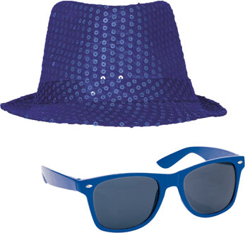 Carnaval verkleed set compleet - hoedje en zonnebril - blauw - heren/dames - glimmend
