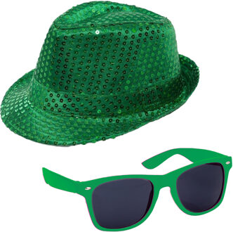 Carnaval verkleed set compleet - hoedje en zonnebril - groen - heren/dames - glimmend