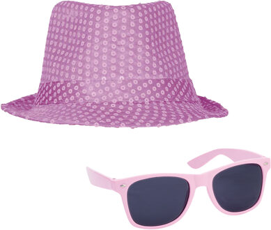 Carnaval verkleed set compleet - hoedje en zonnebril - lichtroze - heren/dames - glimmend