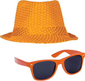 Carnaval verkleed set compleet - hoedje en zonnebril - oranje - heren/dames - glimmend