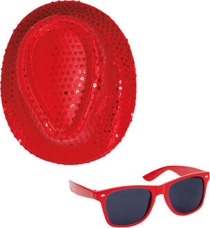 Carnaval verkleed set compleet - hoedje en zonnebril - rood - heren/dames - glimmend