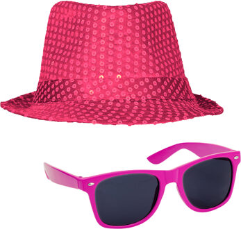 Carnaval verkleed set compleet - hoedje en zonnebril - roze - heren/dames - glimmend
