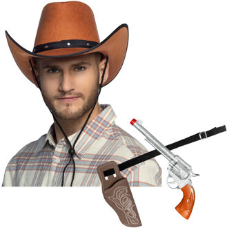 Carnaval verkleed set cowboyhoed El Paso - bruin - en holster met revolver - volwassenen