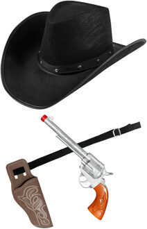 Carnaval verkleed set cowboyhoed El Paso - zwart - en holster met revolver - volwassenen