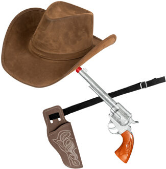 Carnaval verkleed set cowboyhoed Nebraska - bruin - en holster met revolver - volwassenen