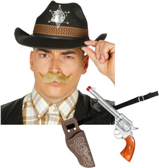 Carnaval verkleed set cowboyhoed Sheriff - zwart - en holster met revolver - volwassenen