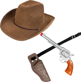 Carnaval verkleed set cowboyhoed Utah - bruin - en holster met revolver - volwassenen