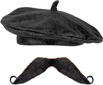 Carnaval verkleed set Fransman Emanuelle - Luxe Baret zwart met Franse plaksnor - Heren