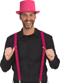 Carnaval verkleed set - fuchsia roze - hoed en pailletten bretels- volwassenen/unisex - feestkleding