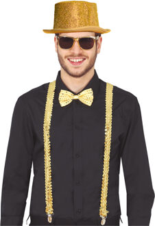 Carnaval verkleed set - goud - hoed/bretels/party bril/strik- volwassenen/unisex - feestkleding