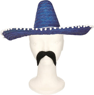 Carnaval verkleed set Gringo - Mexicaanse sombrero hoed - blauw - met Western thema plaksnor