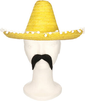 Carnaval verkleed set Gringo - Mexicaanse sombrero hoed - geel - met Western thema plaksnor