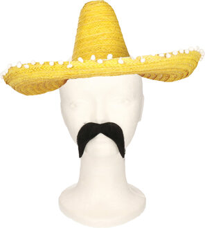 Carnaval verkleed set Gringo - Mexicaanse sombrero hoed - geel - met Western thema plaksnor