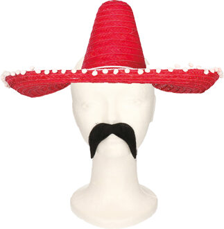 Carnaval verkleed set Gringo - Mexicaanse sombrero hoed - rood - met Western thema plaksnor