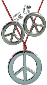 Carnaval verkleed set Hippie - Peace teken ketting/oorbellen - dames - Flower Power Zilver