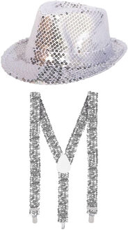 Carnaval verkleed set hoed met bretels zilver glitters