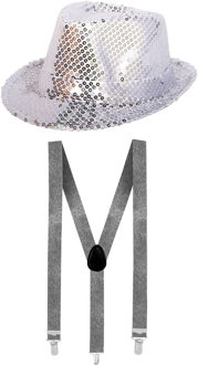 Carnaval verkleed set hoed met bretels zilver glitters