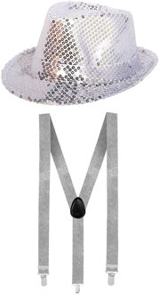 Carnaval verkleed set hoed met bretels zilver glitters