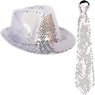 Carnaval verkleed set hoed met stropdas zilver glitters