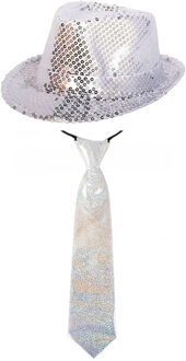 Carnaval verkleed set hoed met stropdas zilver glitters