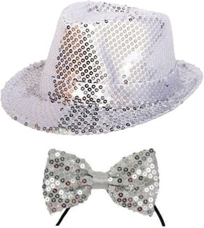 Carnaval verkleed set hoed met vlinderstrikje zilver glitters