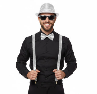 Carnaval verkleed set - hoedje/bretels/party bril/vlinderstrik - glitter zilver - volwassenen