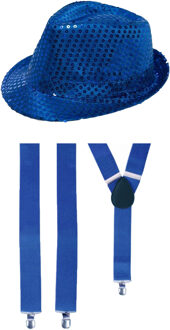 Carnaval verkleed set - hoedje en bretels - blauw - volwassenen - glitters