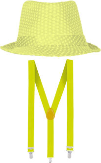 Carnaval verkleed set - hoedje en bretels - fluor geel - volwassenen