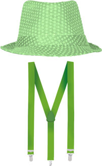 Carnaval verkleed set - hoedje en bretels - fluor groen - volwassenen