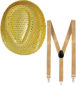 Carnaval verkleed set - hoedje en bretels - goud - heren/dames - glimmend