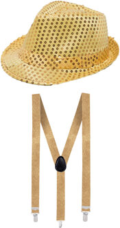 Carnaval verkleed set - hoedje en bretels - goud - volwassenen - glitters