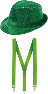 Carnaval verkleed set - hoedje en bretels - groen - volwassenen - glitters