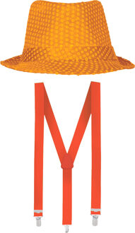 Carnaval verkleed set - hoedje en bretels - oranje - volwassenen