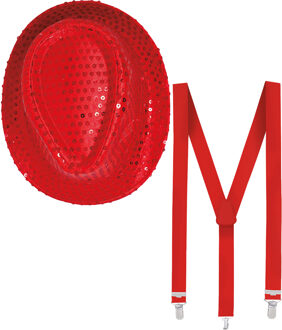 Carnaval verkleed set - hoedje en bretels - rood - heren/dames - glimmend
