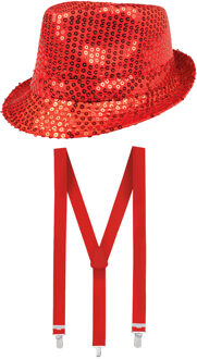 Carnaval verkleed set - hoedje en bretels - rood - volwassenen - glitters